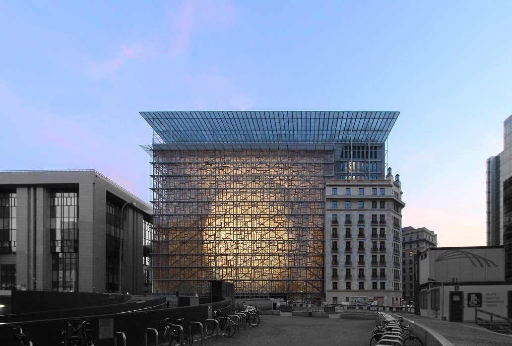 The curved glass and timber facade of the Europa building, seat of the European Council.
