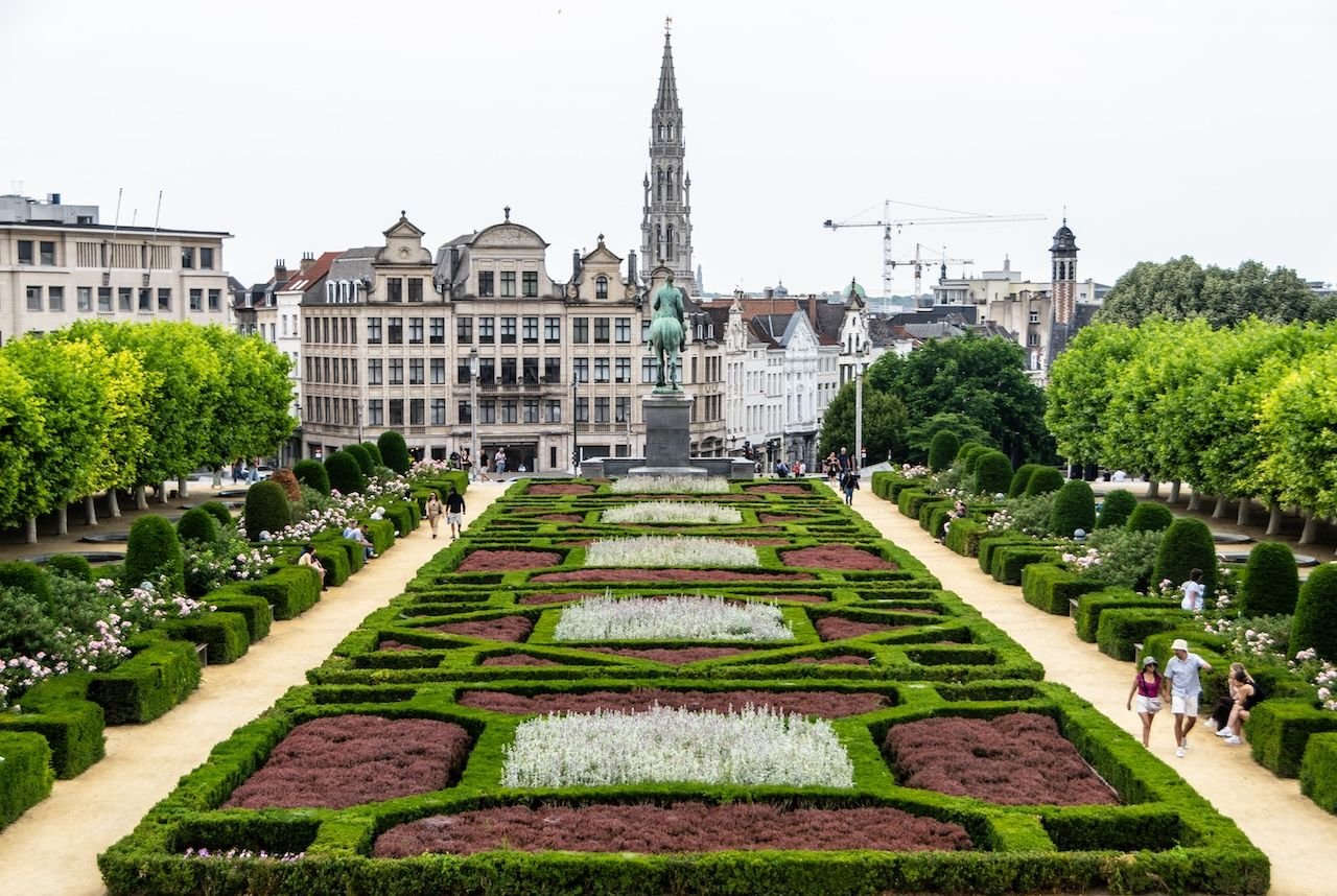 The formal gardens of the Mont des Arts, looking down the terraces towards the lower city.