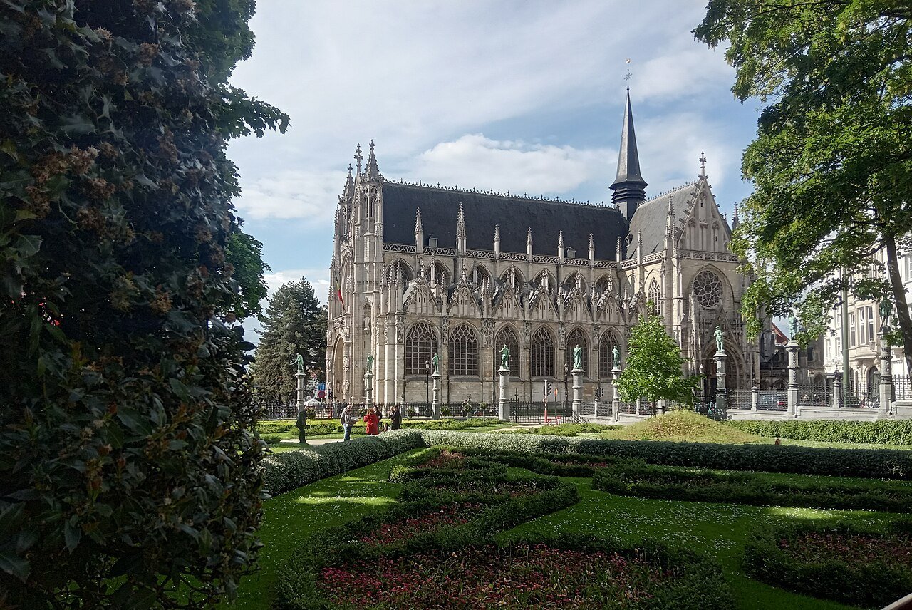 The Gothic tower and traceried windows of the Church of Our Lady of Victories at the Sablon.